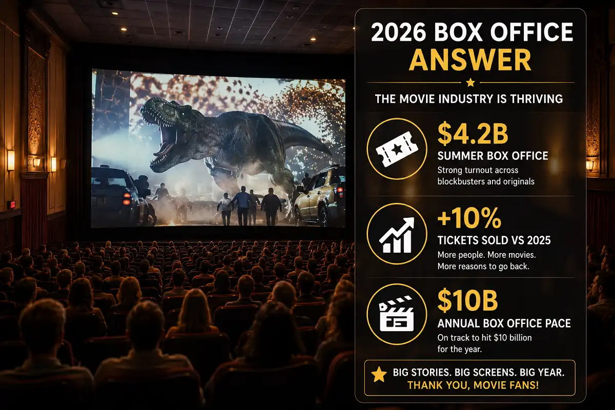 Entertainment news 2026 infographic showing the 2026 box office rebound inside a packed movie theater