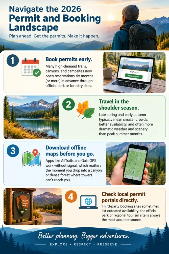 Infographic showing four tips for permits, bookings, maps, and outdoor travel in 2026.