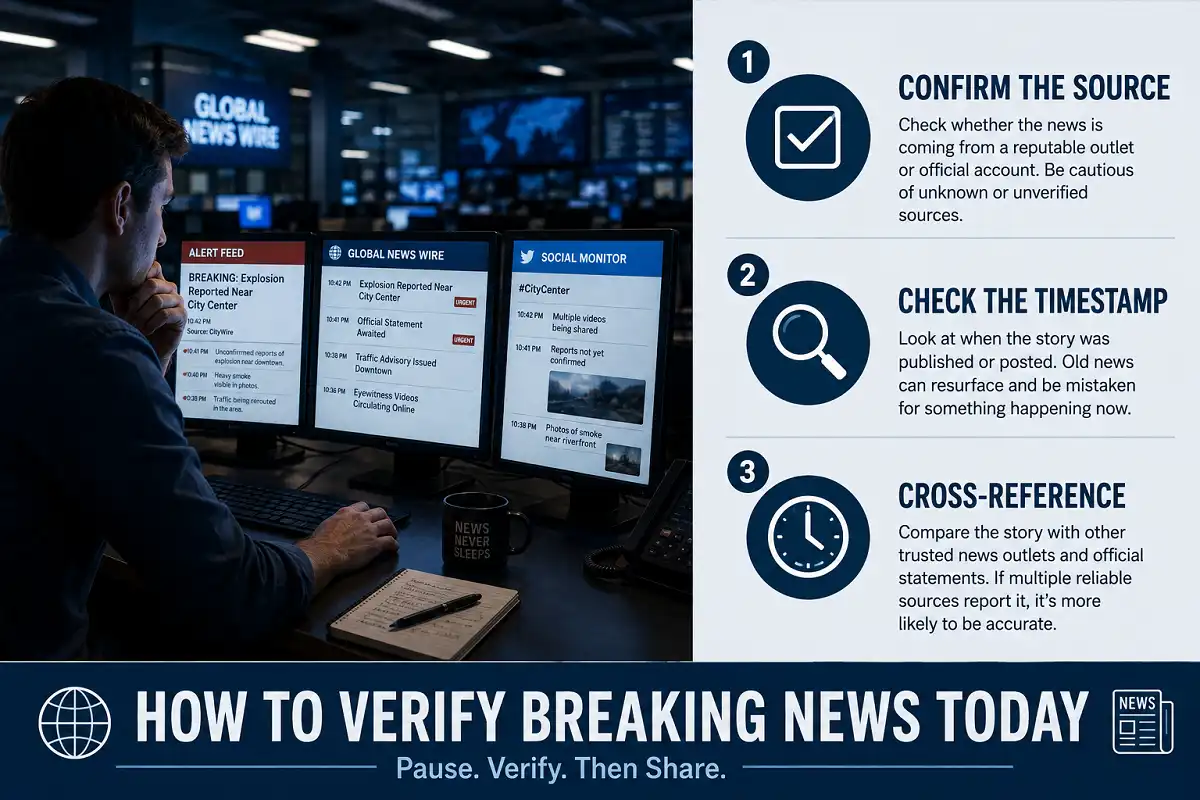 Reporter monitoring wire alerts next to an infographic on how to verify breaking news today