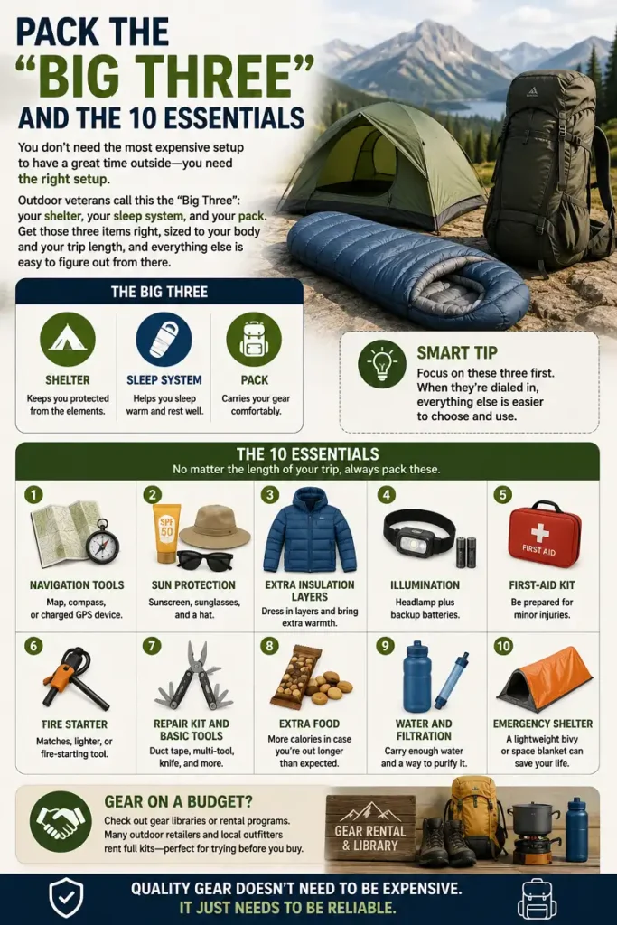 Infographic showing the Big Three hiking gear and the 10 outdoor essentials.
