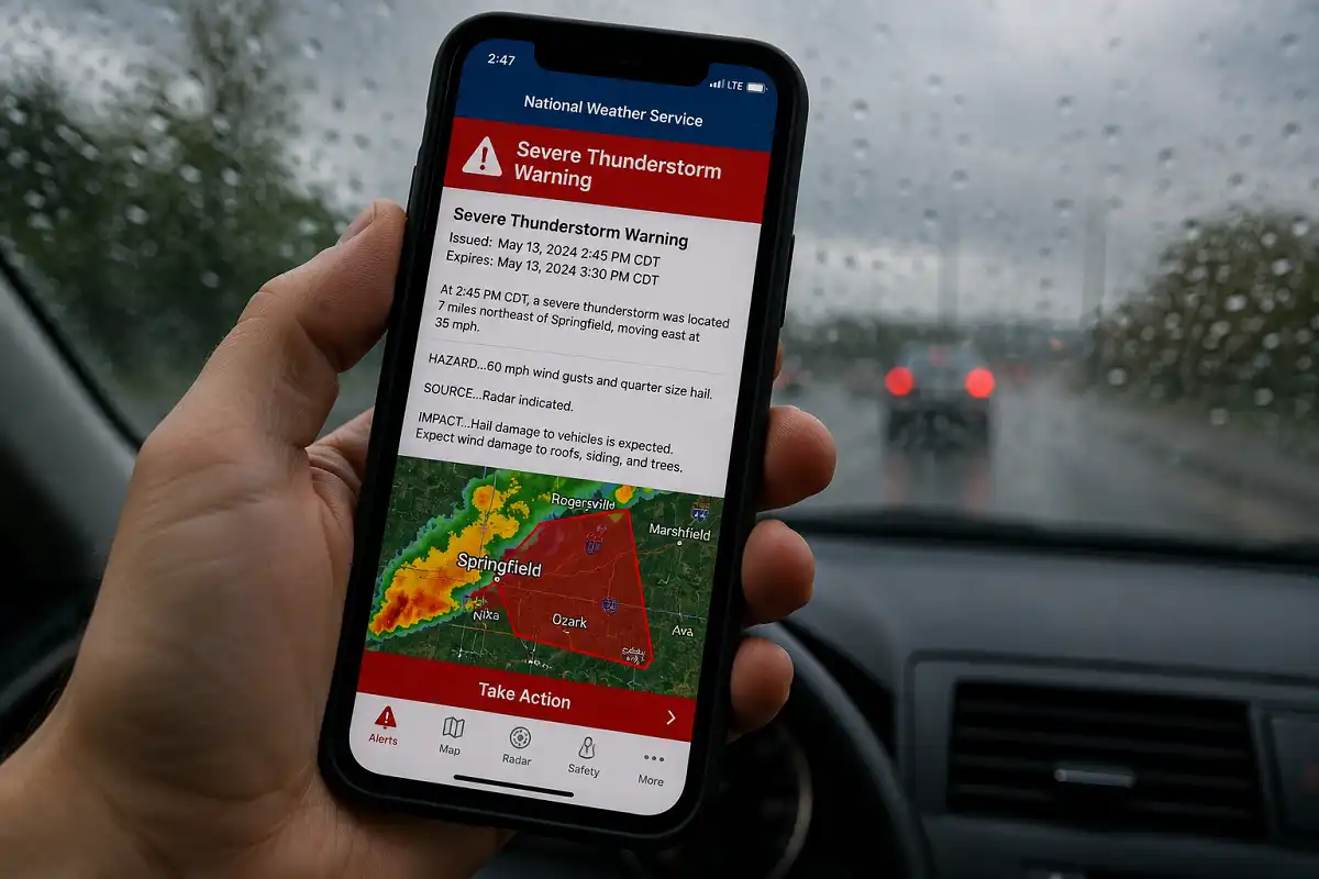 Smartphone displaying a National Weather Service storm alert, an example of trustworthy breaking news