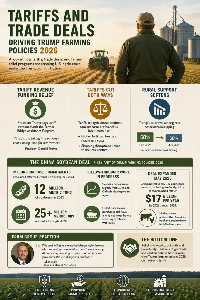 Tariffs and Trade Deals
Driving Trump Farming Policies 2026
Tariff Revenue Funding Relief
Tariffs Cut Both Ways
Rural Support Softens
The China Soybean Deal
12 Million Metric Tons in 2025
25+ Million Metric Tons Annually Through 2028
$17 Billion Per Year in U.S. Agricultural Purchases
Farm Group Reaction
The Bottom Line: Relief and Results, but with Real Uncertainty