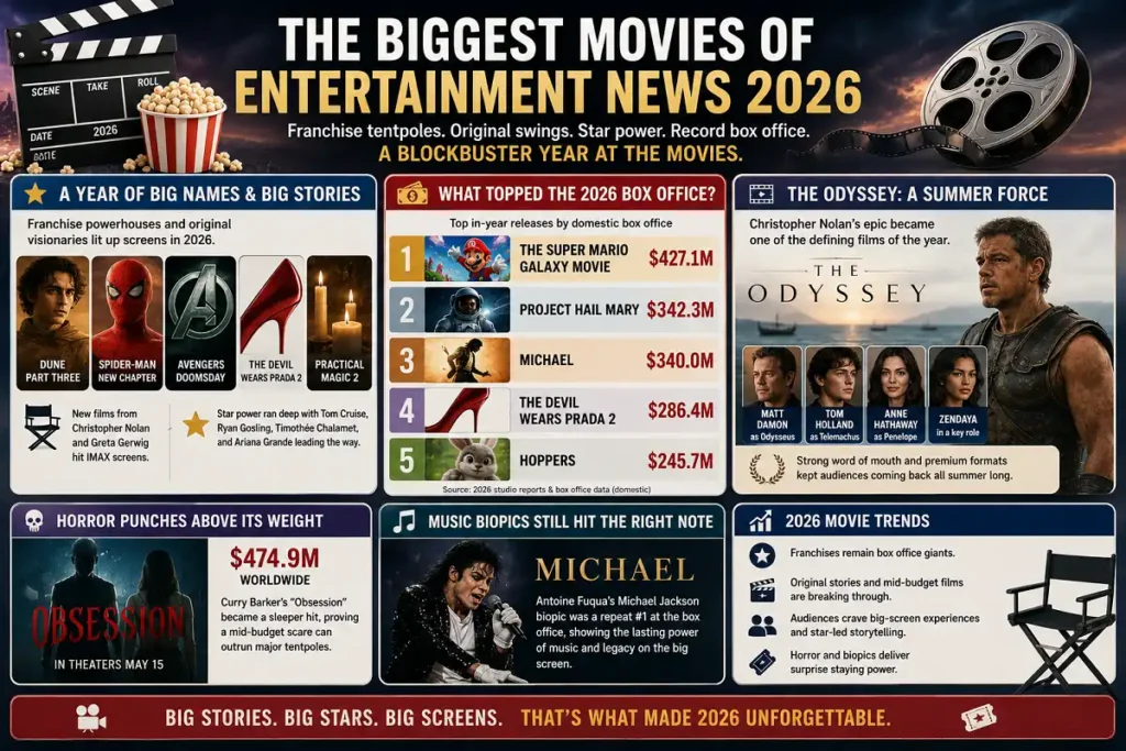 2026 movie infographic featuring top box office hits, The Odyssey, horror, and music biopics.