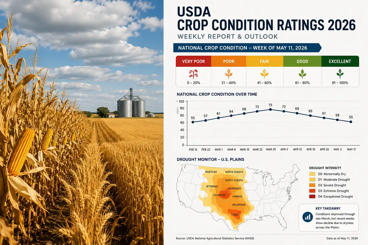 USDA crop condition ratings 2026 shown as crop fields beside an infographic of the five-category rating scale and weekly trend