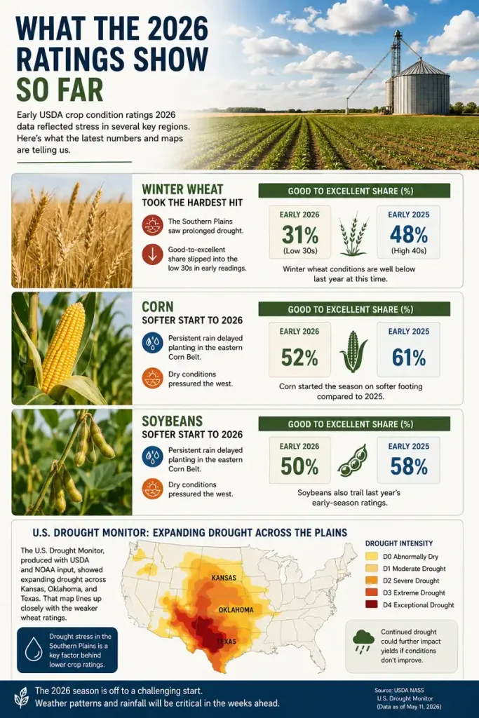 USDA Crop Condition Ratings 2026: Wheat, Corn, Soybeans, and Drought Outlook