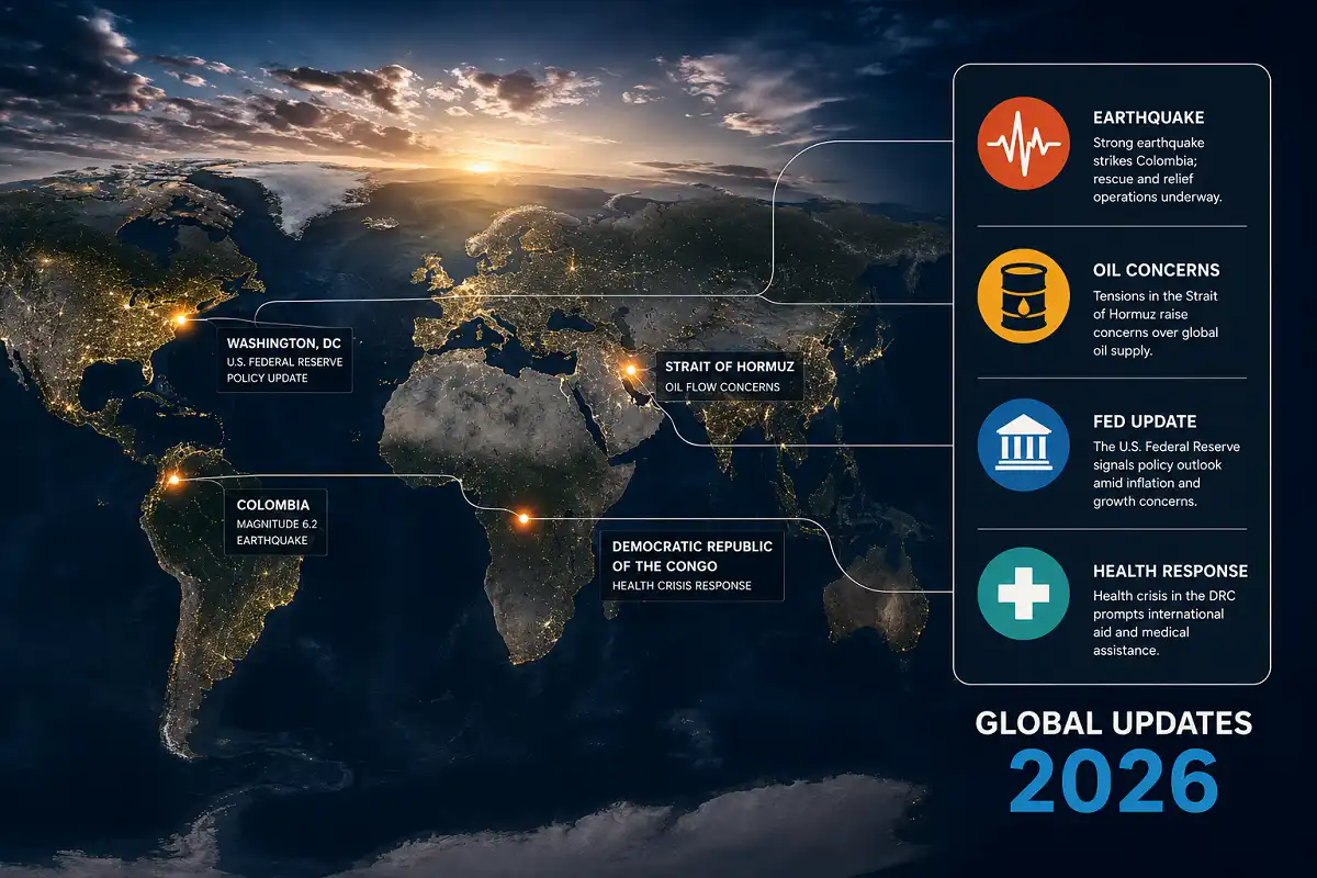 Satellite-style world map highlighting global updates 2026 hotspots including Iran, Colombia, and the DRC