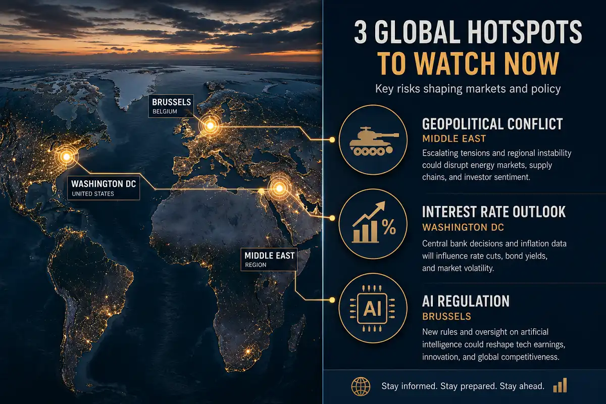 Infographic map highlighting the top global news 2026 stories across the Middle East, US Fed policy, and EU AI regulation