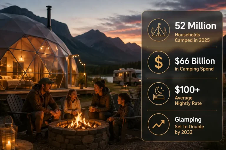 Camping industry 2026 infographic showing 52 million households camped, $66 billion in spending, $100+ nightly rates, and glamping growth