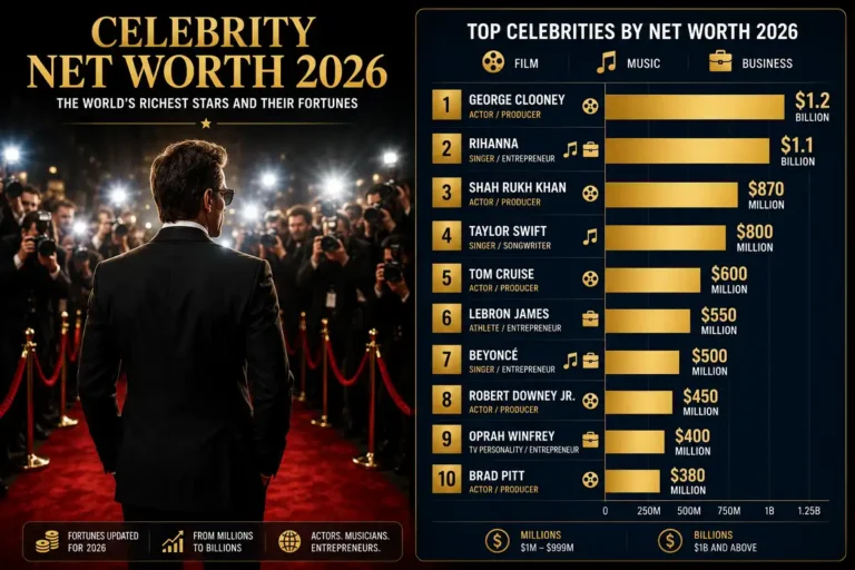 Infographic ranking celebrity net worth 2026 figures for the richest stars