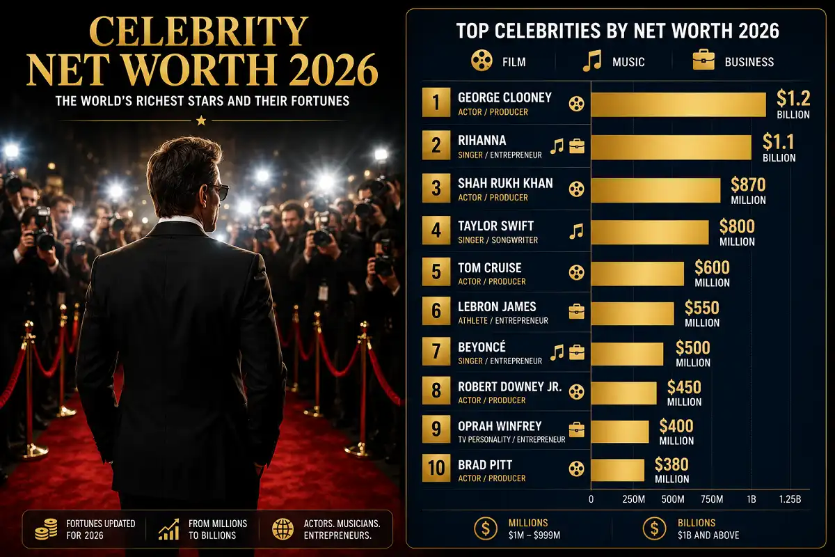 Infographic ranking celebrity net worth 2026 figures for the richest stars