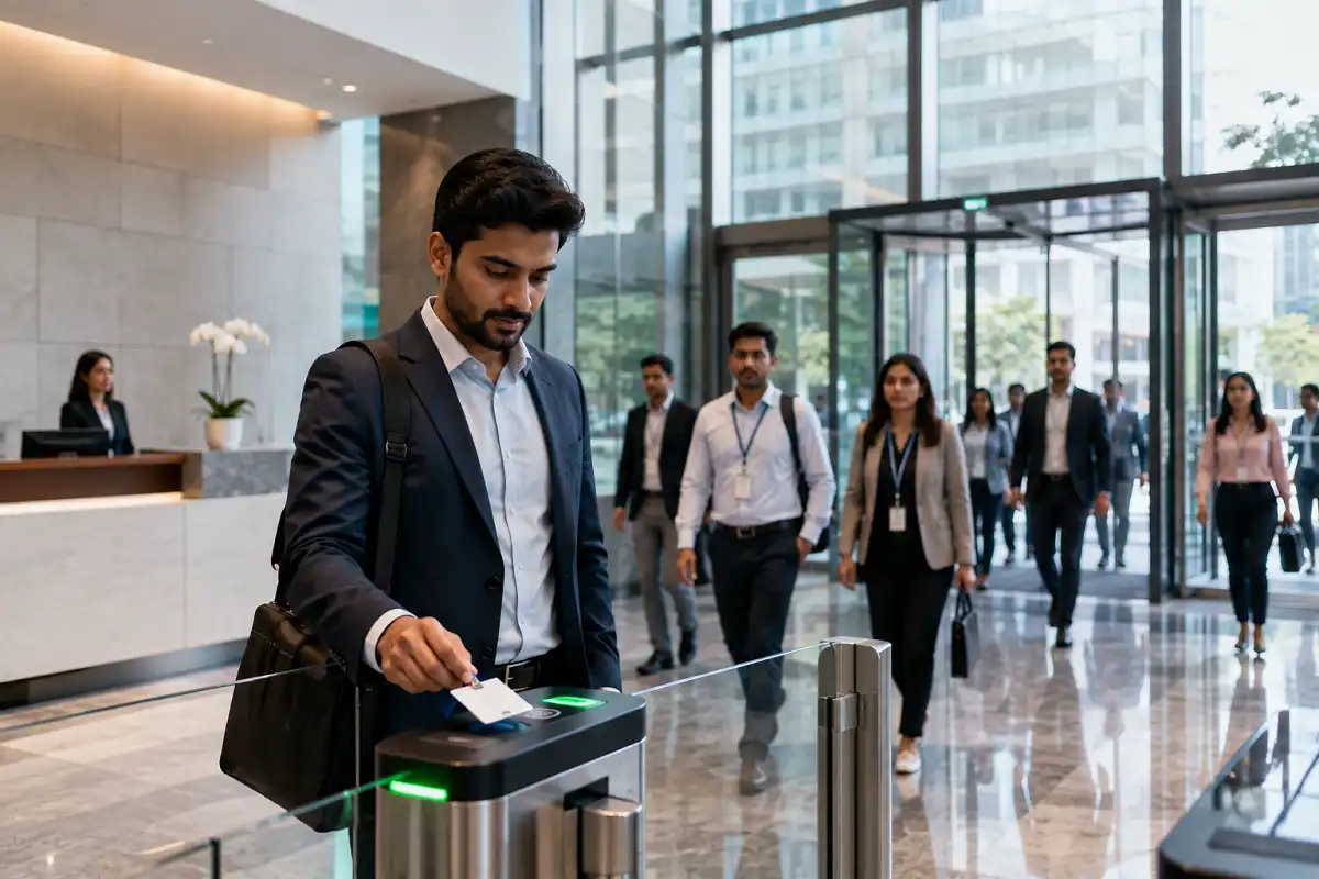 Employees entering a corporate office under return-to-office mandates affecting the hybrid work model 2026