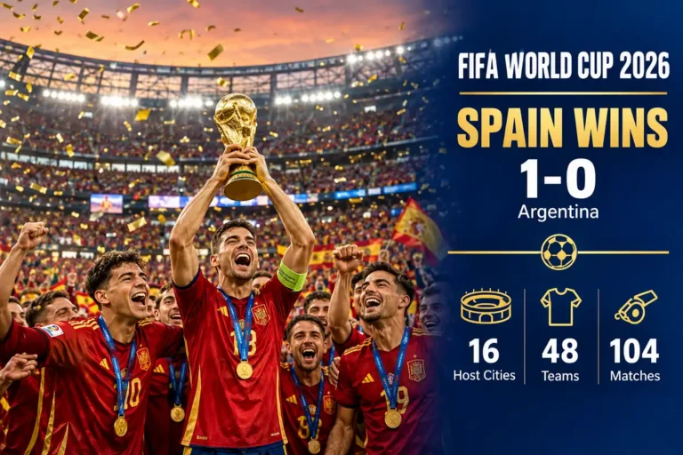 Infographic showing Spain won the FIFA World Cup 2026, beating Argentina 1-0, with stats on 48 teams, 104 matches, and 16 host cities