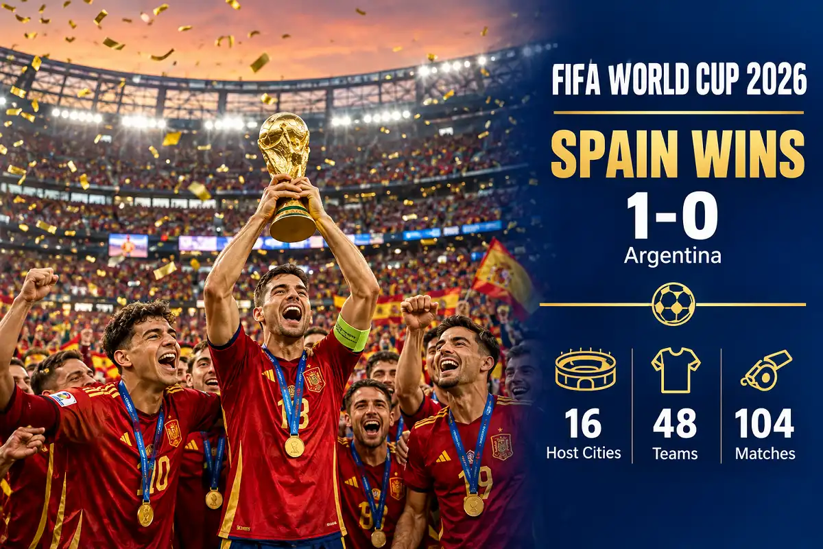 Infographic showing Spain won the FIFA World Cup 2026, beating Argentina 1-0, with stats on 48 teams, 104 matches, and 16 host cities