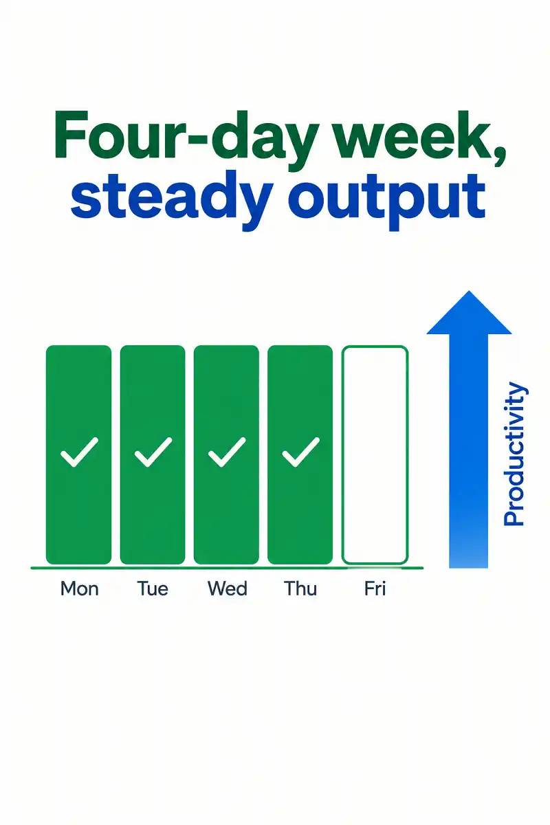Infographic showing four-day workweek maintaining productivity, a growing office workplace trend in 2026