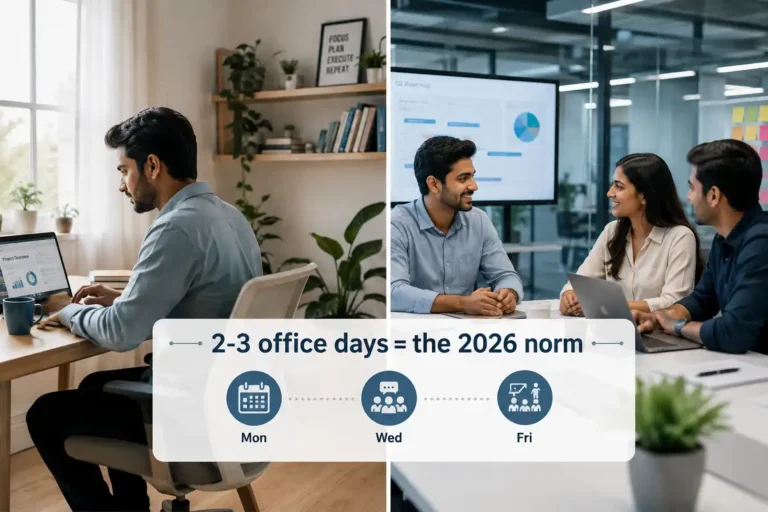 Infographic showing the hybrid work model 2026 splitting the week between two to three office days and remote days
