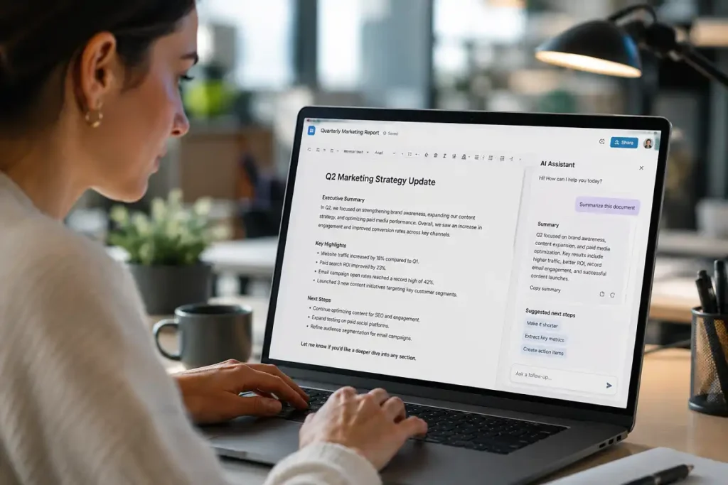 Office worker delegating tasks to an AI assistant, a core AI-driven office workplace trend in 2026