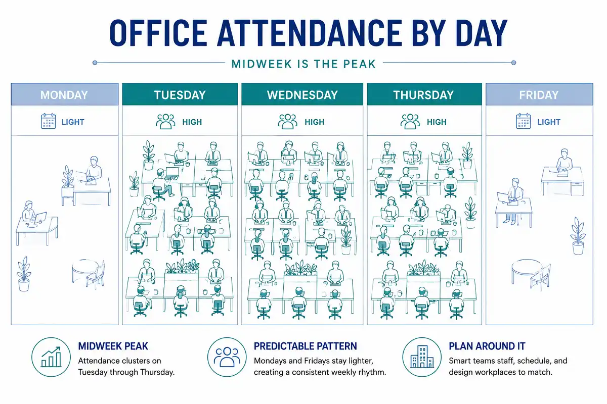 Chart showing hybrid office attendance peaking Tuesday to Thursday as part of office workplace trends 2026