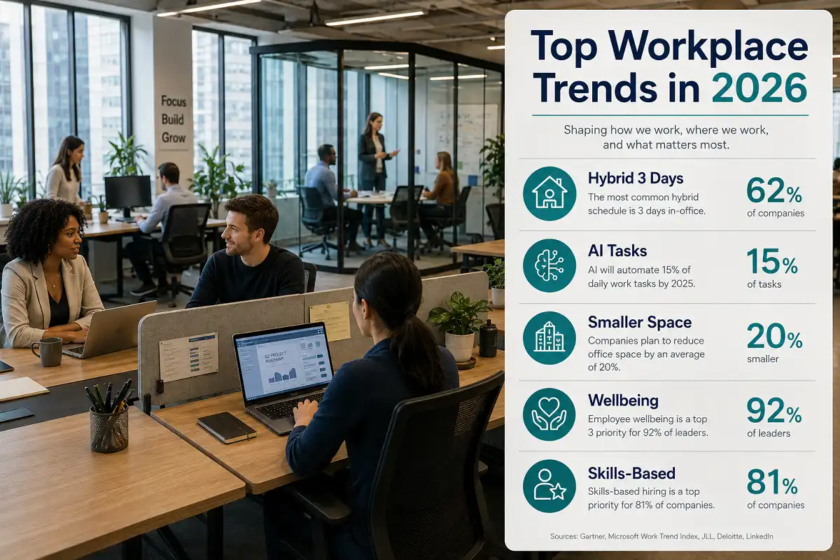 Infographic and photo showing the top office workplace trends 2026 including hybrid work, AI, and shrinking office space