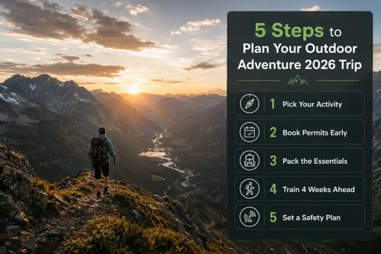 Outdoor adventure 2026 planning guide infographic showing five steps: pick activity, book permits, pack essentials, train ahead, set safety plan