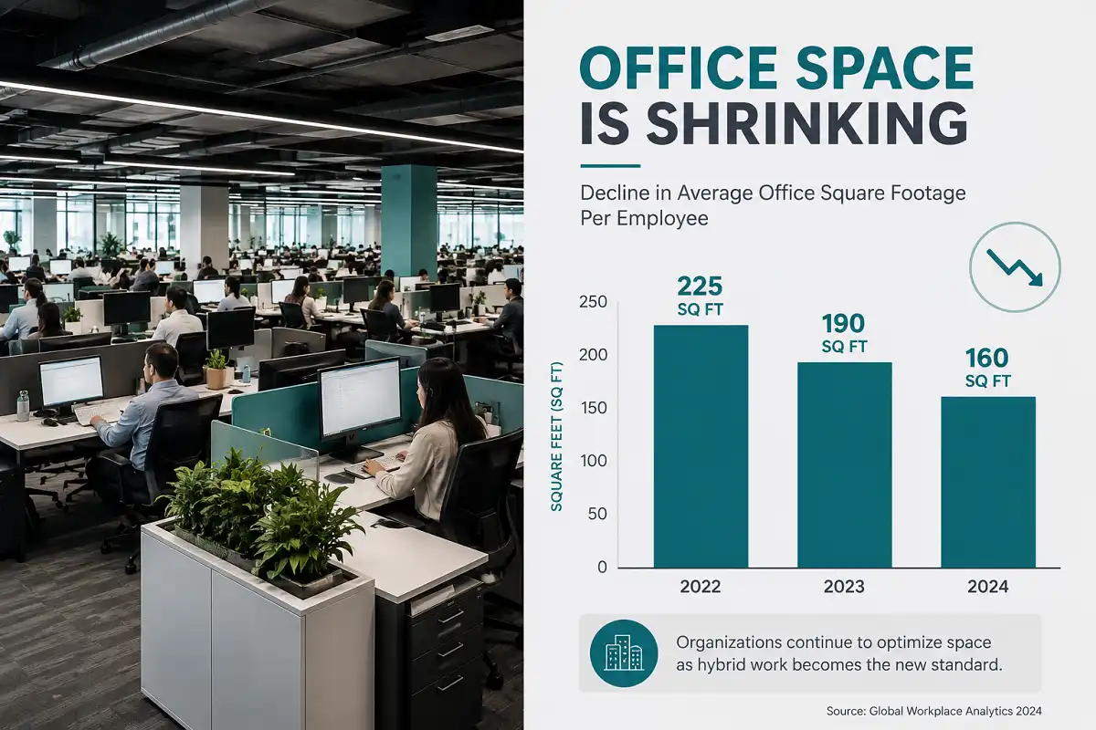 Visual showing reduced office square footage, one of the biggest office workplace trends 2026
