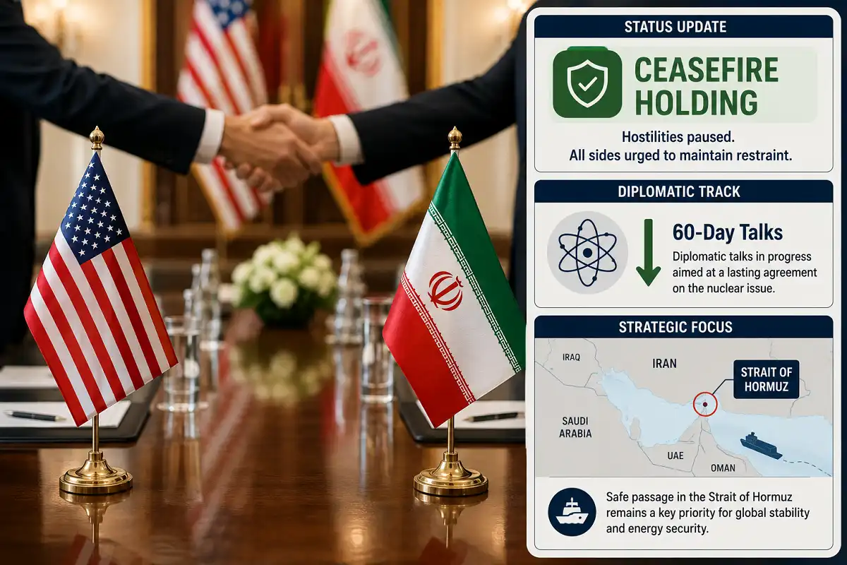 US Iran nuclear deal update 2026 — diplomatic talks and ceasefire status infographic